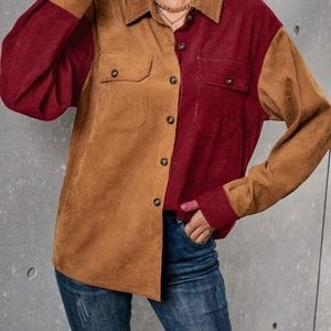 3/$15 brown burgundy button up down collared shirt Corduroy split color shacket